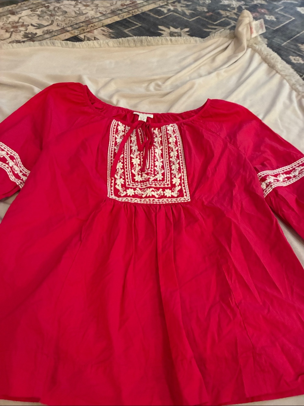Charter Club Red Peasant Blouse with White Embroidery